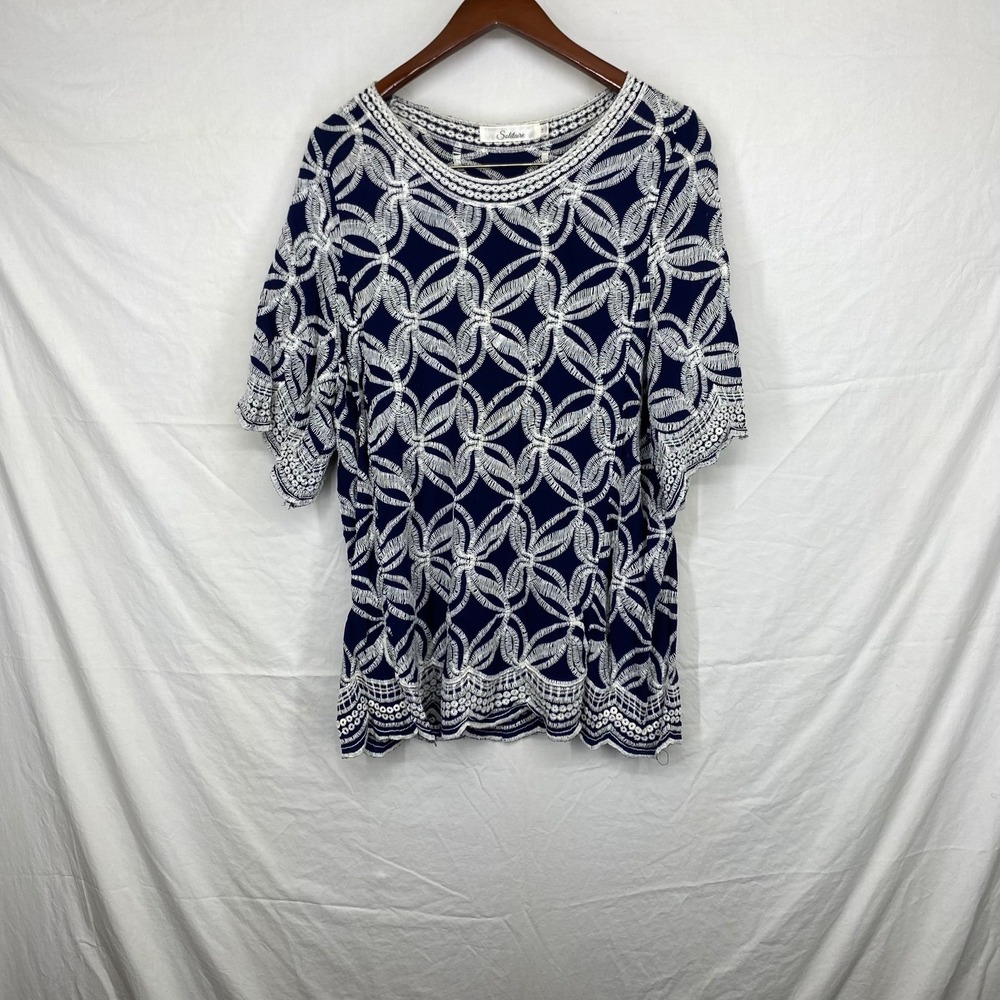 Solitaire Navy Blue White Embroidered Lace Trim Blouse Top Womens Plus Size 1X